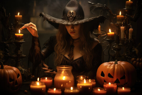 Wizard in witch hat among pumpkins and lights