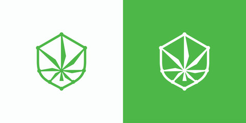 Vector logo design combination of marijuana leaf and technology shield. - obrazy, fototapety, plakaty