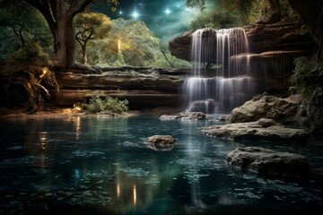 Enchanted moonlit waterfalls, flowing with liquid silver and granting wishes to those who bathe beneath them - Generative AI