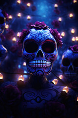 Woman with Day of the Dead make up and clothing on blurred glowing light background