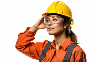 Woman worker in yellow safety helmet, isolated white background