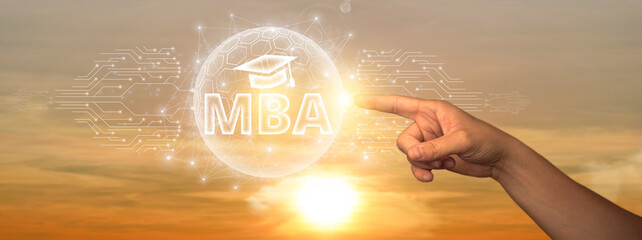 MBA: Man Touching Global Network and Data Connection on Space Background. Business Acumen,...