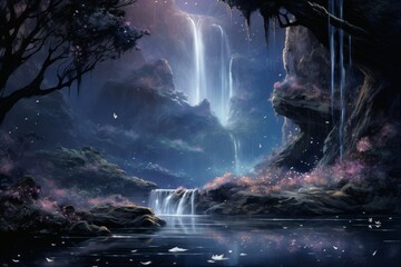 Enchanted moonlit waterfalls, flowing with liquid silver and granting wishes to those who bathe beneath them - Generative AI