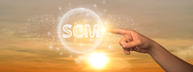 SCM: Man Touching Global Network and Data Connection on Space Background. Supply Chain Management,...