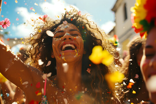 Uma bela jovem sorridente se divertindo na festa de carnaval: Encanto e Alegria em Cada Passo, AI Generativa