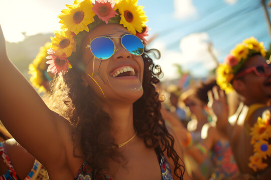 Bela jovem com coroa de flores nos cabelos cacheados se divertindo no carnaval baiano, samba cultura comemoração festival 