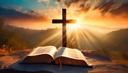 Holy cross and open bible in sunlight - obrazy, fototapety, plakaty
