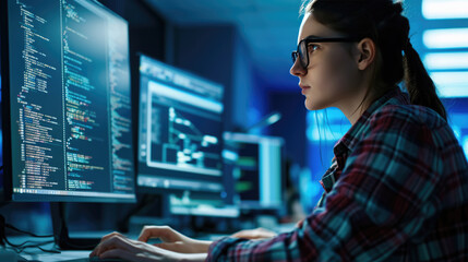 Fototapeta premium Focused female programmer working in a dark office environment, typing intently on a keyboard while multiple monitors display lines of code