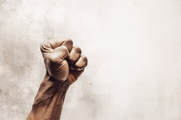 Worker hand clenching his fist on painted old wall background, labor and power icon