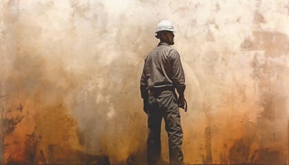 Worker in white helmet standing in front of back facing wall