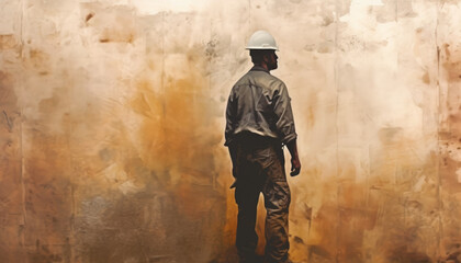 Fototapeta na wymiar Worker in white helmet standing in front of back facing wall