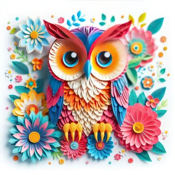 Discover the enchantment of kirigami with a colorful owl against a vibrant flower background. This artistic masterpiece brings nature to life in a symphony of colors and paper.