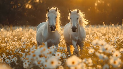 Majestic white horses galloping in a field of flowers at sunset. serene nature scene capturing beauty and freedom. AI