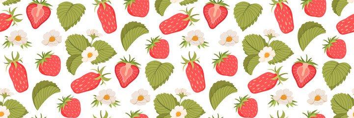 Strawberry pattern with berries, flowers and leaves. Garden and agriculture background. Berry slice.