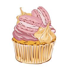 Festive cupcake with cream, meringue and macaron. Realistic style. Hand drawn illustration isolated on white background. Graphic element for pastry shops, logo, menu