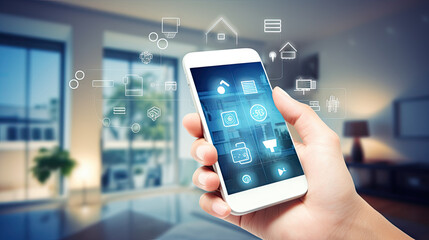 Smart home technology conceptual banner. Building consists digits and connected with icons of domestic smart devices. illustration concept of System intelligent control house on blue background