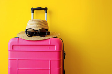 pink suitcase on yellow background, AI generated - Powered by Adobe