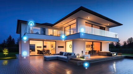 Smart home technology conceptual banner. Building consists digits and connected with icons of domestic smart devices. illustration concept of System intelligent control house on blue background