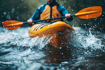 Fototapeta premium yellow kayak on the river in mountain, AI generated