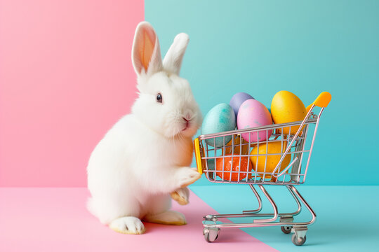 A cute white rabbit with a shopping cart filled with easter eggs 2