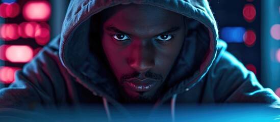 A focused individual of African descent, wearing a hood, involved in illicit online behavior by unlawfully accessing a computer network.