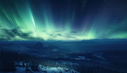 Fototapeta premium View of night sky with multicolored aurora borealis and snowy mountains peak background. Night glows in vibrant aurora reflection on the lake with forest. 