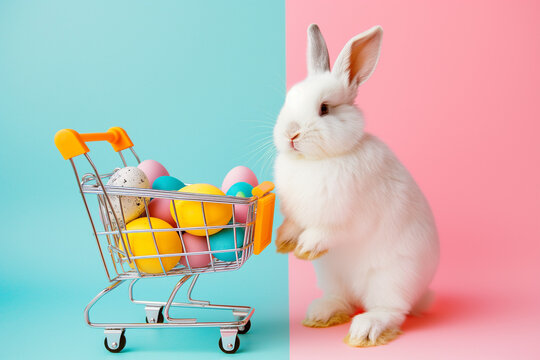 A cute white rabbit with a shopping cart filled with easter eggs 1