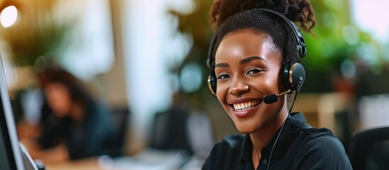 Consultation provided by a call center representative specializing in CRM and communication for loan advice, specifically assisting clients at the office desk. The agent, who is of African descent