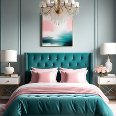 A luxurious bedroom featuring a plush teal headboard, pink bedding, and elegant decor details design interior mockup