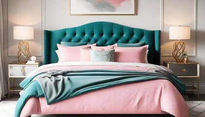 A luxurious bedroom featuring a plush teal headboard, pink bedding, and elegant decor details design interior mockup