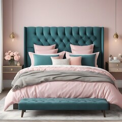 A luxurious bedroom featuring a plush teal headboard, pink bedding, and elegant decor details design interior mockup