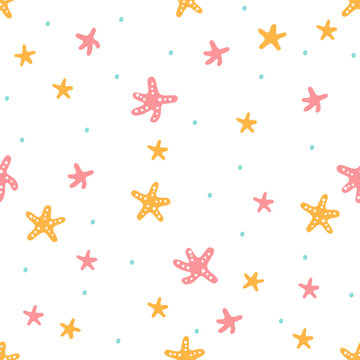 Seamless vector pattern. Cute pink and orange sea stars. Illustration in naive style. Vector illustration