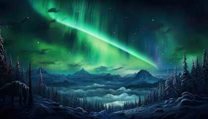 View of night sky with multicolored aurora borealis and snowy mountains peak background. Night glows in vibrant aurora reflection on the lake with forest. 