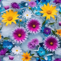 Abstract colorful art background with summer flowers frozen in ice