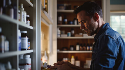 Man is closely examining a medicine bottle he is holding, standing in front of a medicine cabinet filled with various bottles and containers.