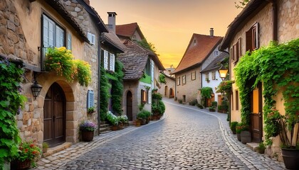 Fototapeta na wymiar An enchanting village with cobblestone-paved streets. Quaint town, cobblestone pathways, old-world charm.