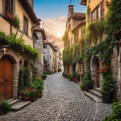 Fototapeta na wymiar An enchanting village with cobblestone-paved streets. Quaint town, cobblestone pathways, old-world charm.