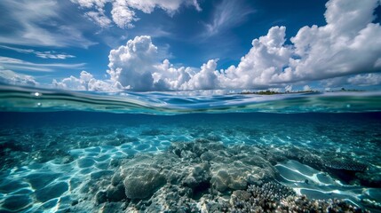 Above and below surface of the Caribbean sea with coral reef underwater and a cloudy blue sky. - obrazy, fototapety, plakaty