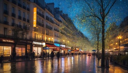 Fototapeta premium As the rain cascaded down the colorful modern streets of Paris, the abstract bokeh of street lights danced on the textured glass windows, creating a mesmerizing display of light and water, embodying