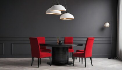 Black round table and colorful carmine red crimson chairs. Empty wall blank for art, frame or decor. Modern interior with accents and lamps.