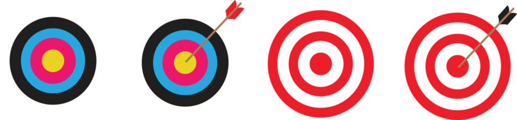 Target icons set. Goal symbol collection. Simple target with arrow. Darts icon. Hitting the bullseye icon line and flat style