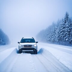 Fototapeta na wymiar Car driving on snowy road in winter. Vehicle stuck in deep snow