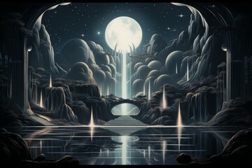 Enchanted moonlit waterfalls, flowing with liquid silver and granting wishes to those who bathe beneath them - Generative AI
