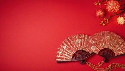 Chinese lanterns with fan background on a red background