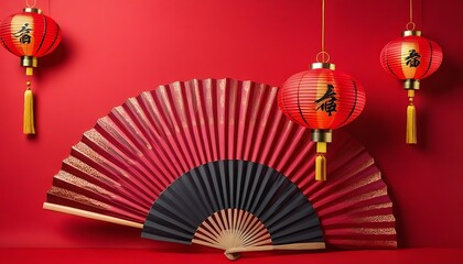 Chinese lanterns with fan background on a red background