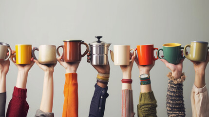 Multiple hands are raised, each holding a different type of coffee cup or coffee pot, showcasing a variety of colors and styles against a neutral background. - Powered by Adobe