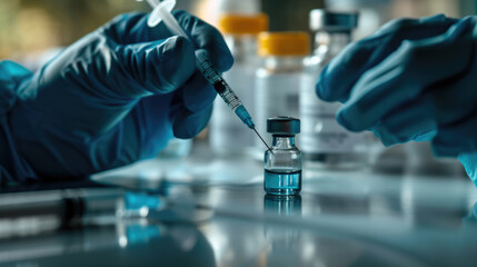 Close-up of a person's hands wearing blue gloves while drawing a clear liquid from a vial into a syringe, suggesting a medical or laboratory setting.