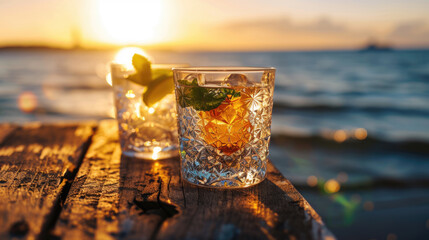 Two glasses of refreshing iced drink, garnished with mint leaves and lime slices, placed on a rustic wooden table with a soft-focus background - obrazy, fototapety, plakaty