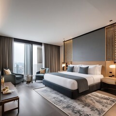 Cozy modern hotel suite with comfortable double bed and elegant decor 