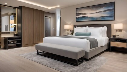 Cozy modern hotel suite with comfortable double bed and elegant decor 